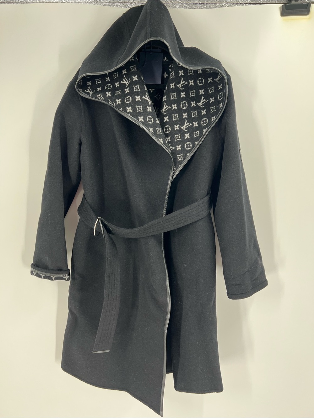 Louis Vuitton Hooded Wrap Coat, Black, Monogram Lining, Belt, Size 36-S